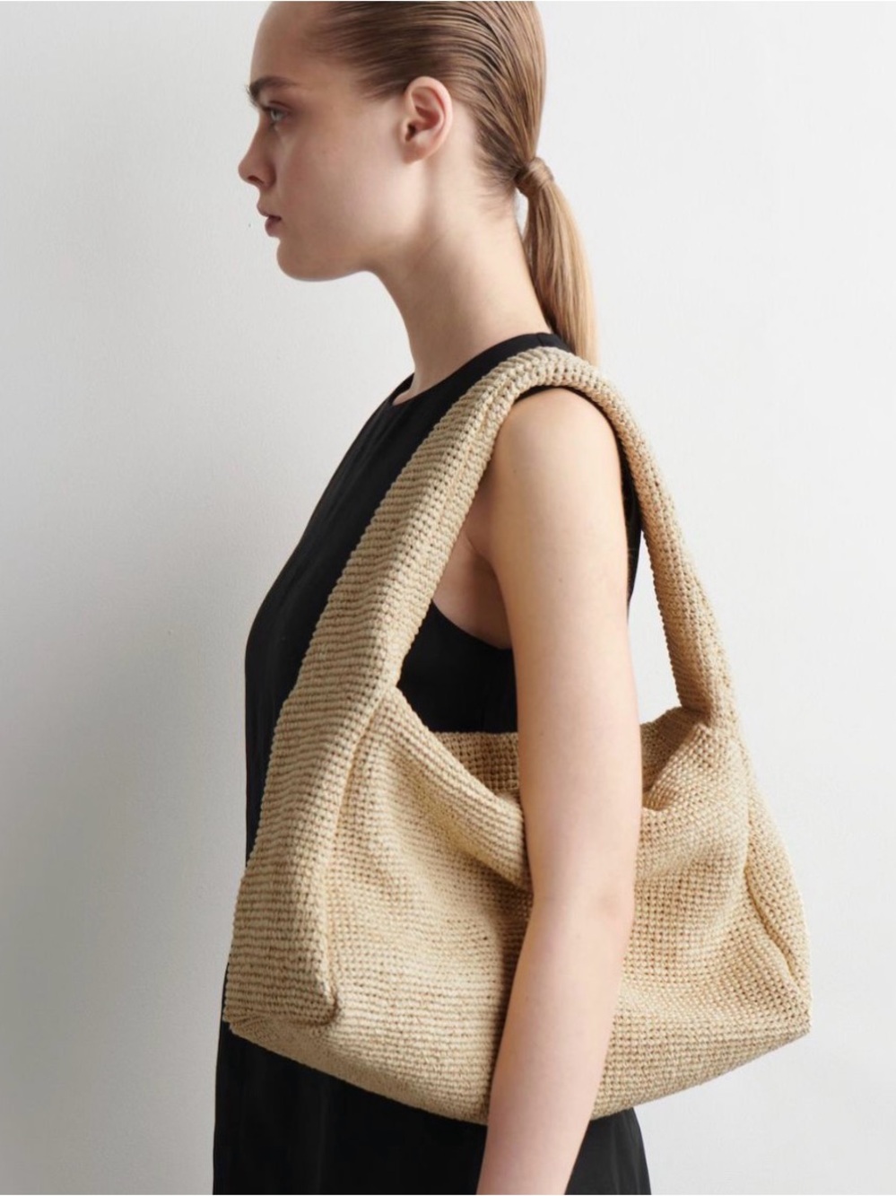 COS Natural Beige raffia Woven Shoulder Bag